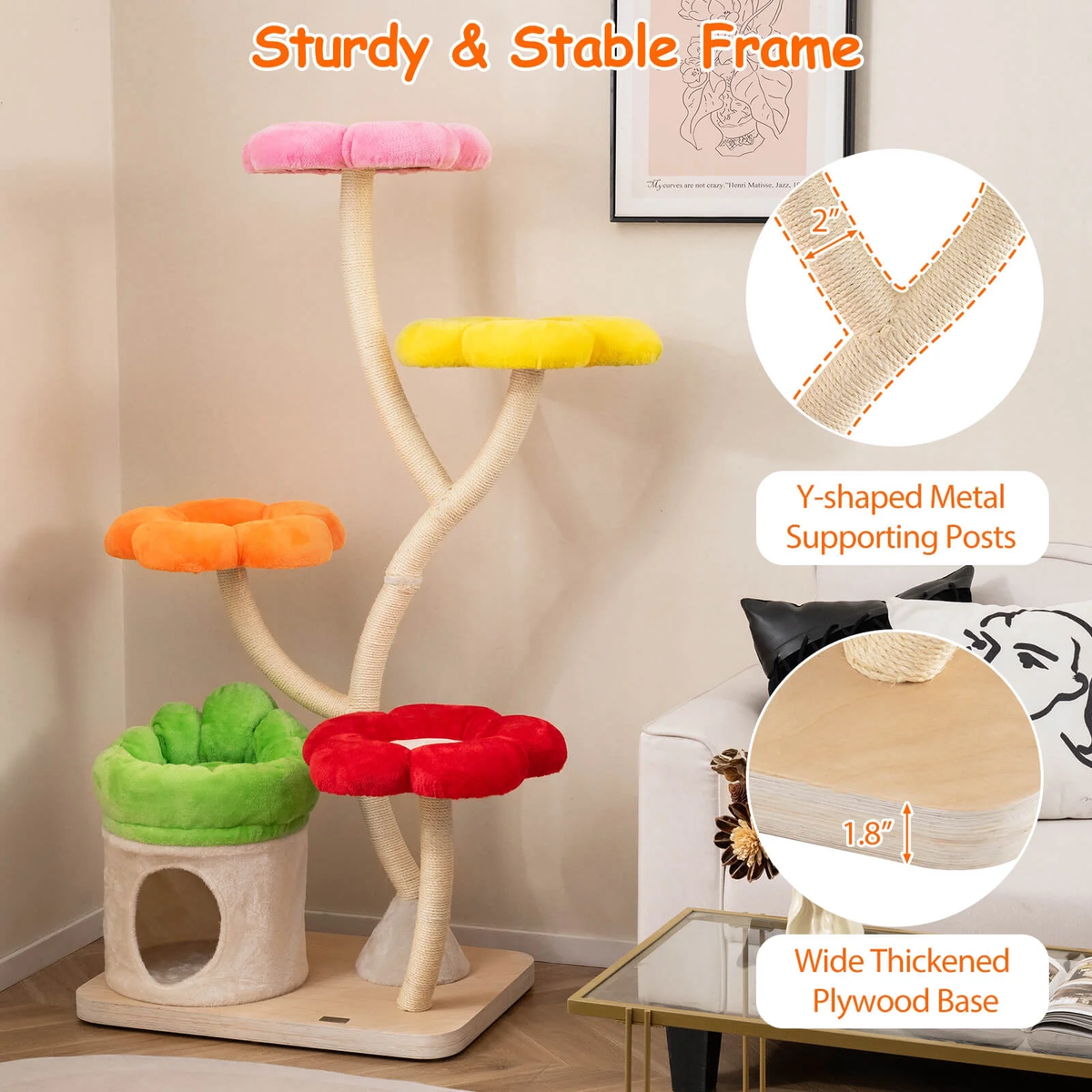 64-Inch Multi-Layer Cat Tower with Four Colorful Flower-Shaped Platforms and Scratching Posts