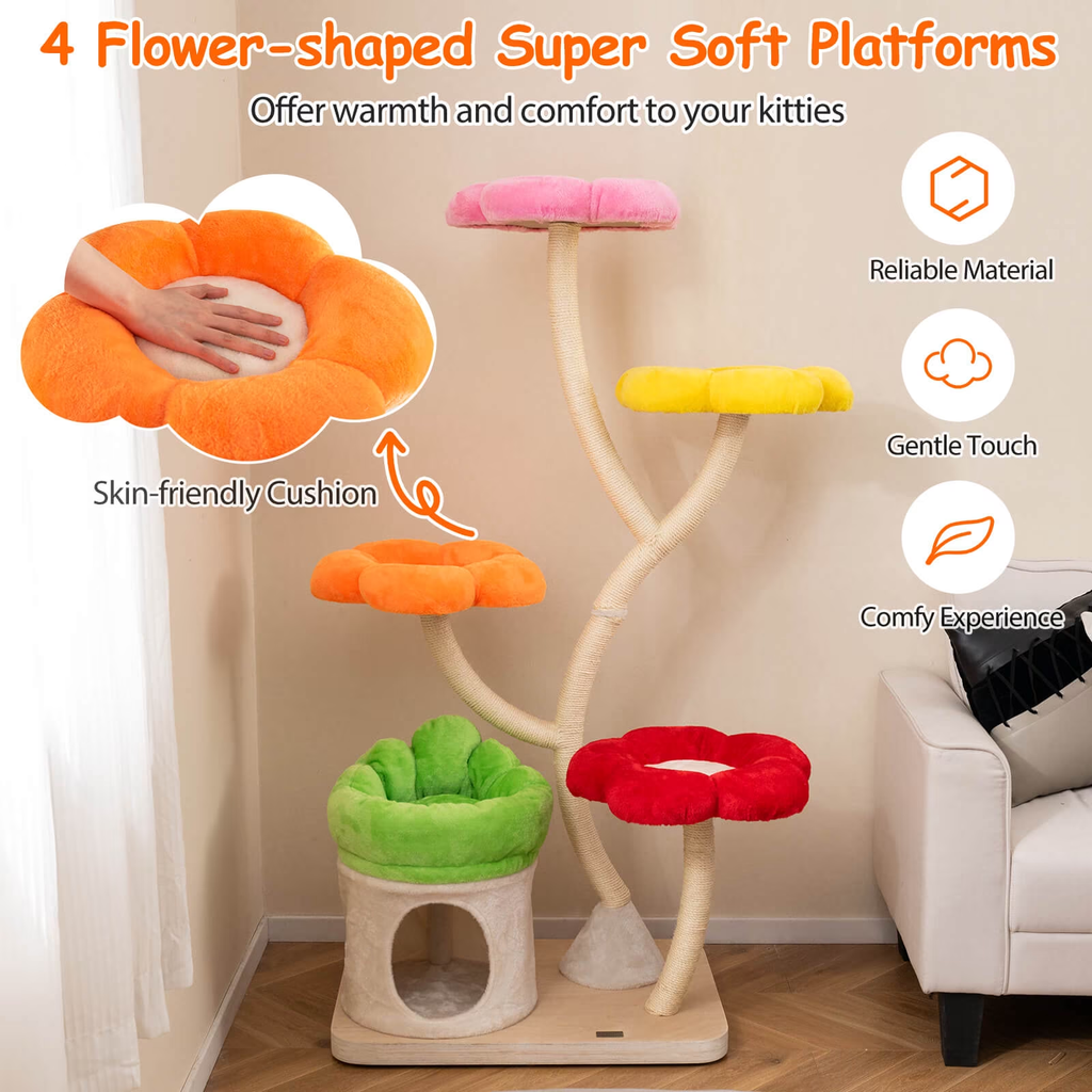 64-Inch Multi-Layer Cat Tower with Four Colorful Flower-Shaped Platforms and Scratching Posts