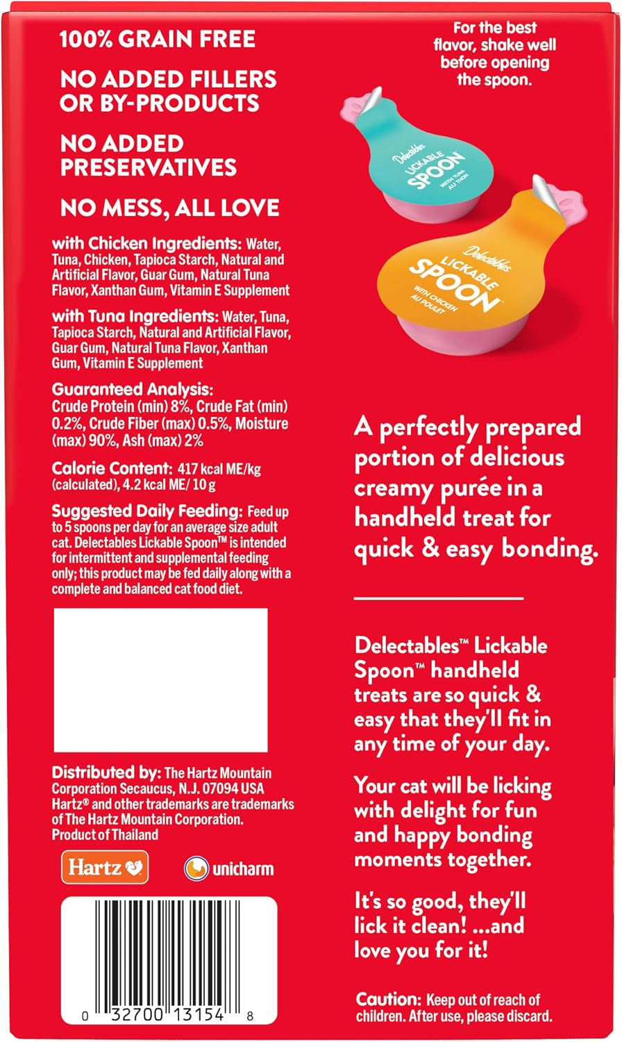 Handheld Lickable Cat Treats with Real Chicken & Tuna - Creamy Puree, Grain-Free, No Fillers or Preservatives, Variety Pack, 32 Count