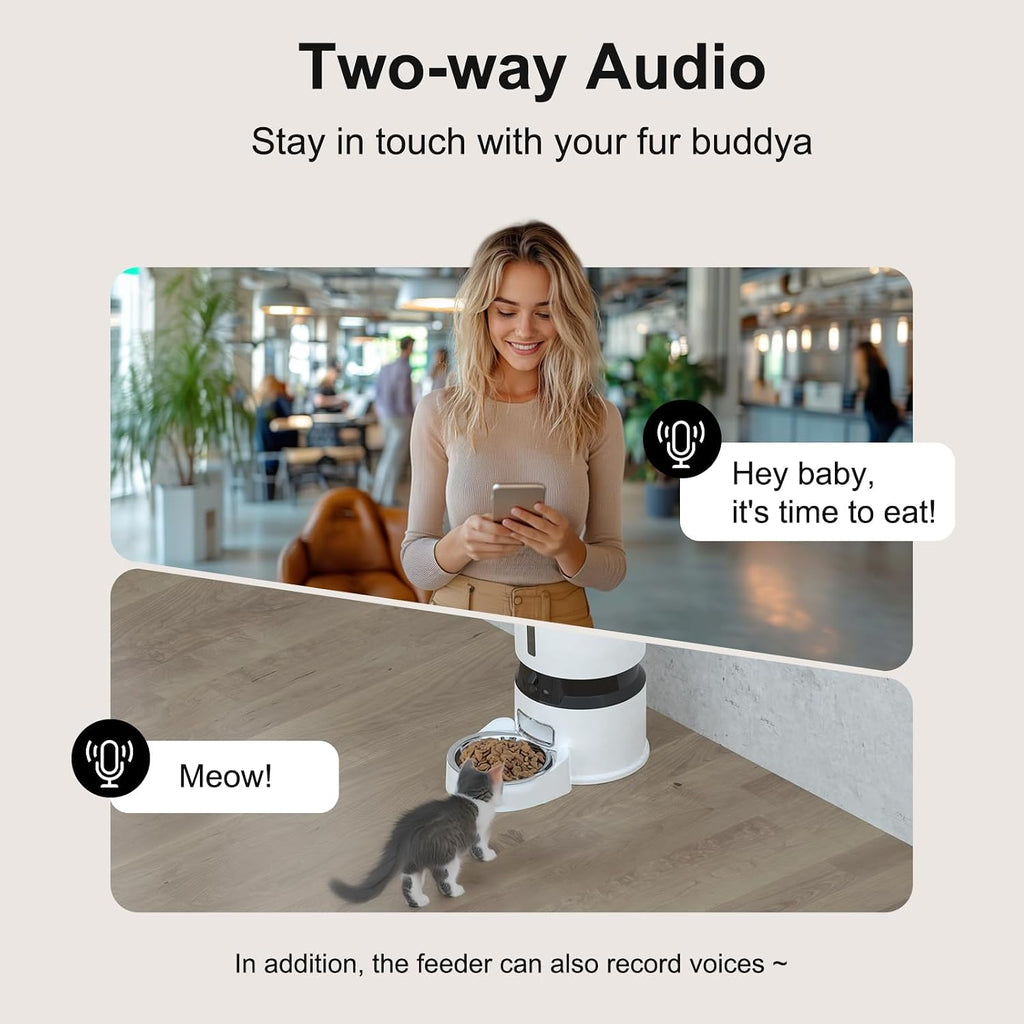 Automatic Cat Feeder with Dual 1080P HD Cameras, Night Vision, Two-Way Audio, Smart Wi-Fi Connectivity, Programmable Schedule, and Slow Feed Bowl - White