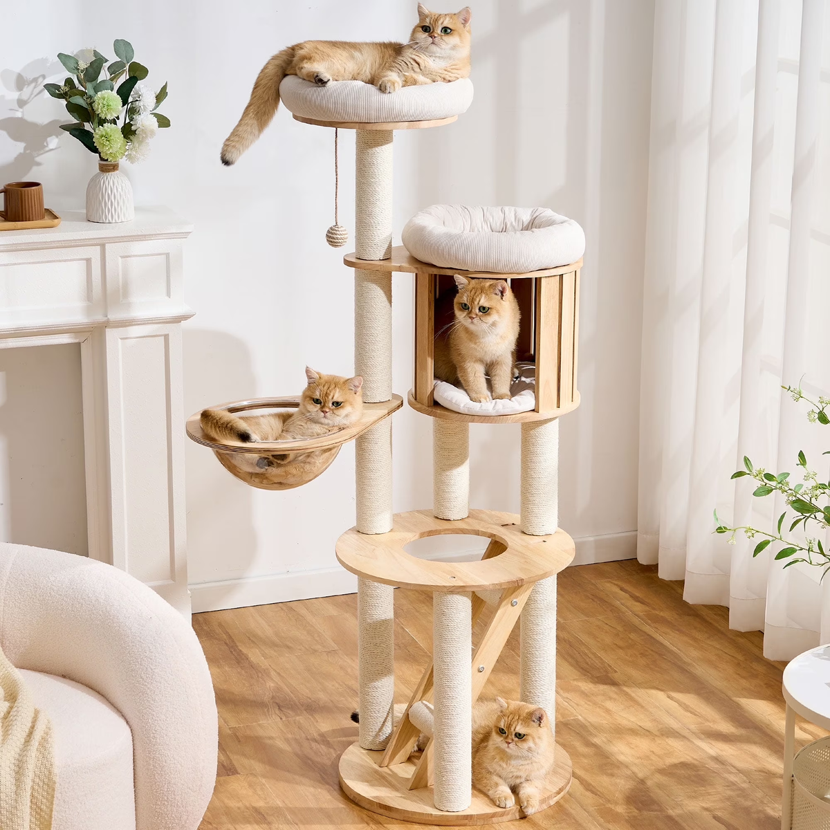 797Audio Premium Solid Wood Cat Tower - 61" Modern Multi-Level Climbing Structure with Sisal Scratching Posts, Cat Condo, Capsule, and Ladder for Large Indoor Cats