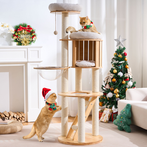 797Audio Premium Solid Wood Cat Tower - 61" Modern Multi-Level Climbing Structure with Sisal Scratching Posts, Cat Condo, Capsule, and Ladder for Large Indoor Cats