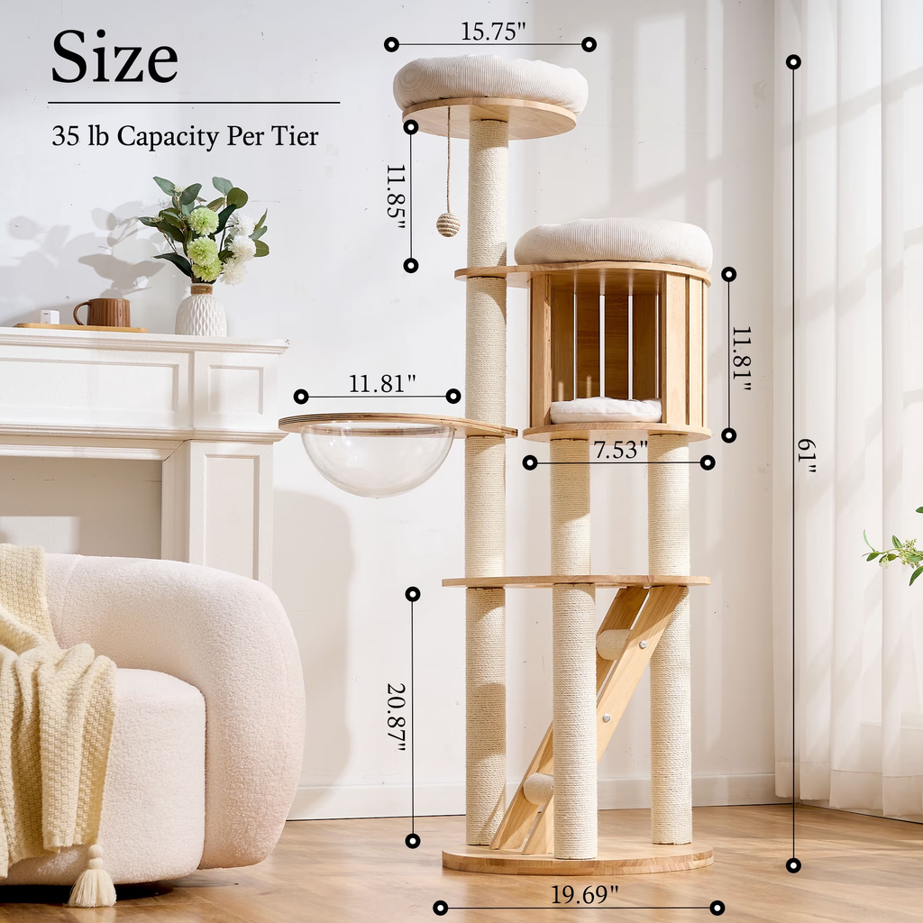 797Audio Premium Solid Wood Cat Tower - 61" Modern Multi-Level Climbing Structure with Sisal Scratching Posts, Cat Condo, Capsule, and Ladder for Large Indoor Cats