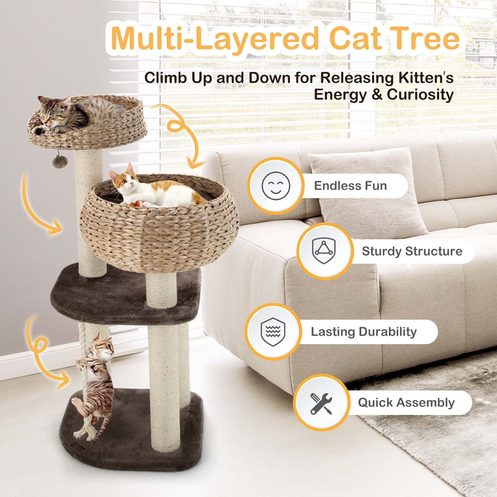 41-Inch Artisan Cat Tree Tower with Natural Bowl Design and Two Perches