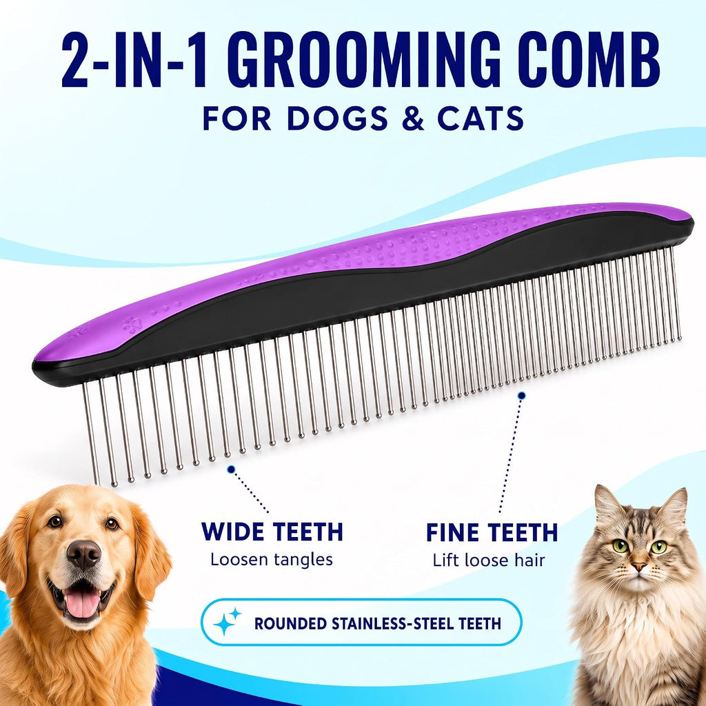 Deshedding Brush and Metal Comb Grooming Set for Cats and Dogs