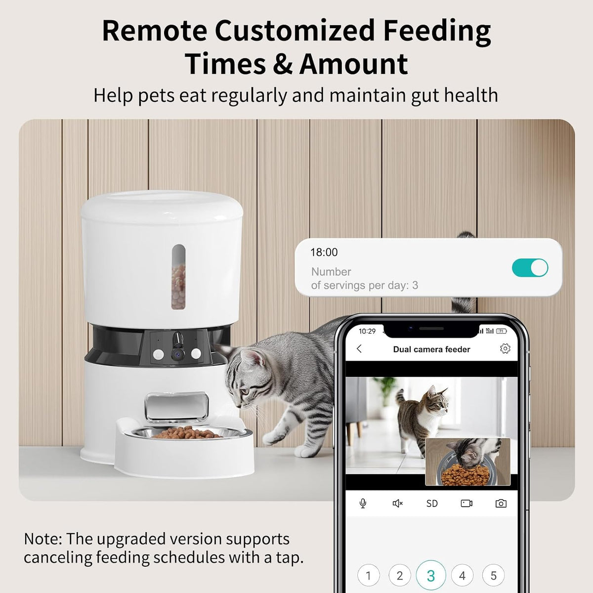 Automatic Cat Feeder with Dual 1080P HD Cameras, Night Vision, Two-Way Audio, Smart Wi-Fi Connectivity, Programmable Schedule, and Slow Feed Bowl - White
