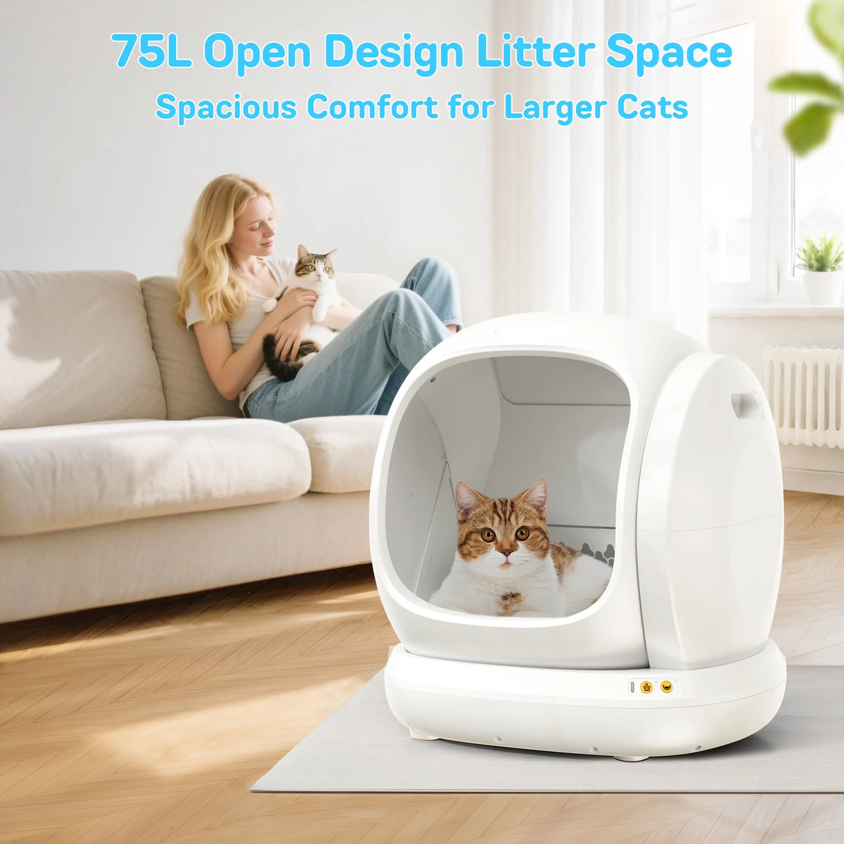 75L Smart Automatic Self-Cleaning Cat Litter Box with APP Control and Integrated Safety Features, White