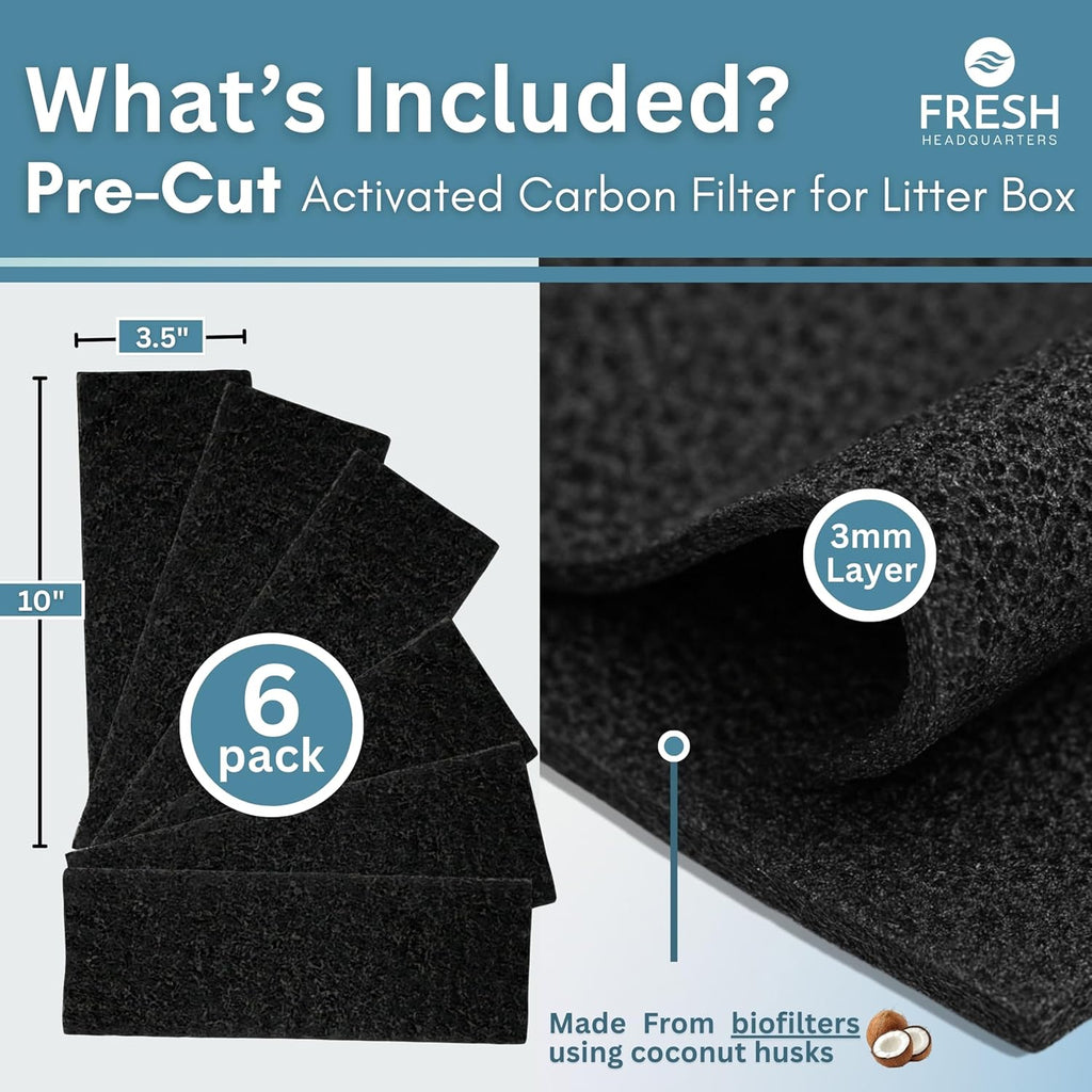 Activated Litter Robot 3 Carbon Filters - Pre-Cut Activated Charcoal Replacement Filters for Odor Control and Dust Reduction - 6-Pack - Made in the USA - Dimensions: 3.5” x 10”