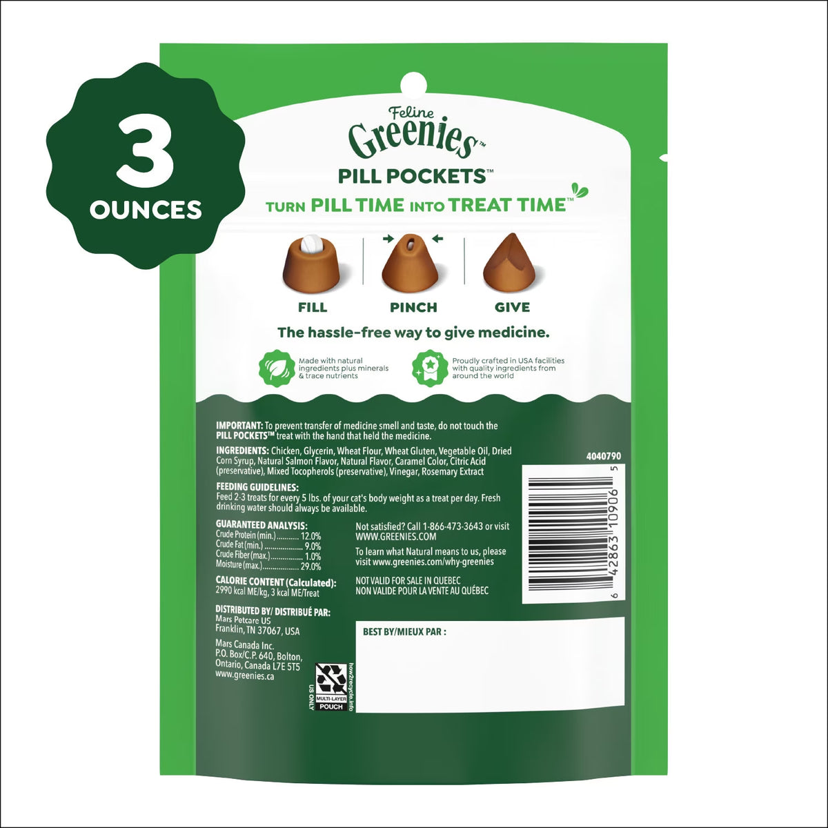Feline Salmon Flavor Pill Pockets for Cats - Soft Treats, 3 Oz Pouch (85 Count)