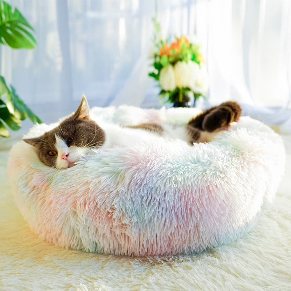 Round Plush Pet Bed for Dogs and Cats - Fluffy Soft Calming Sleeping Kennel Nest, 20" x 20" x 8