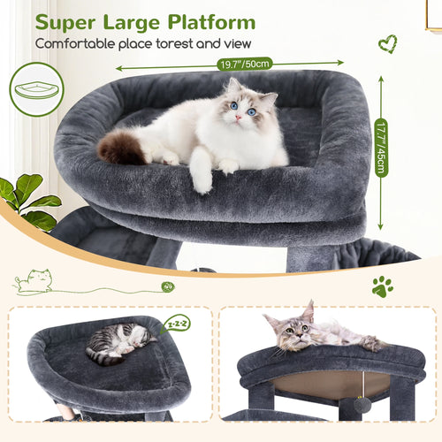 84-Inch Multilevel Corner Cat Tree Tower for Indoor Cats with Dual Condos, Three Hanging Baskets, and Eight Scratching Posts in Dark Gray