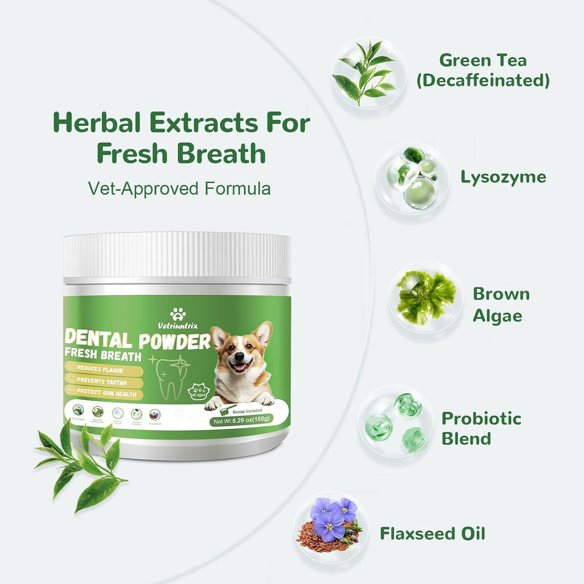 Dog Dental Powder for Teeth Cleaning, Fresh Breath, Tartar and Plaque Removal, Natural Plant Blend with Probiotics, 150g