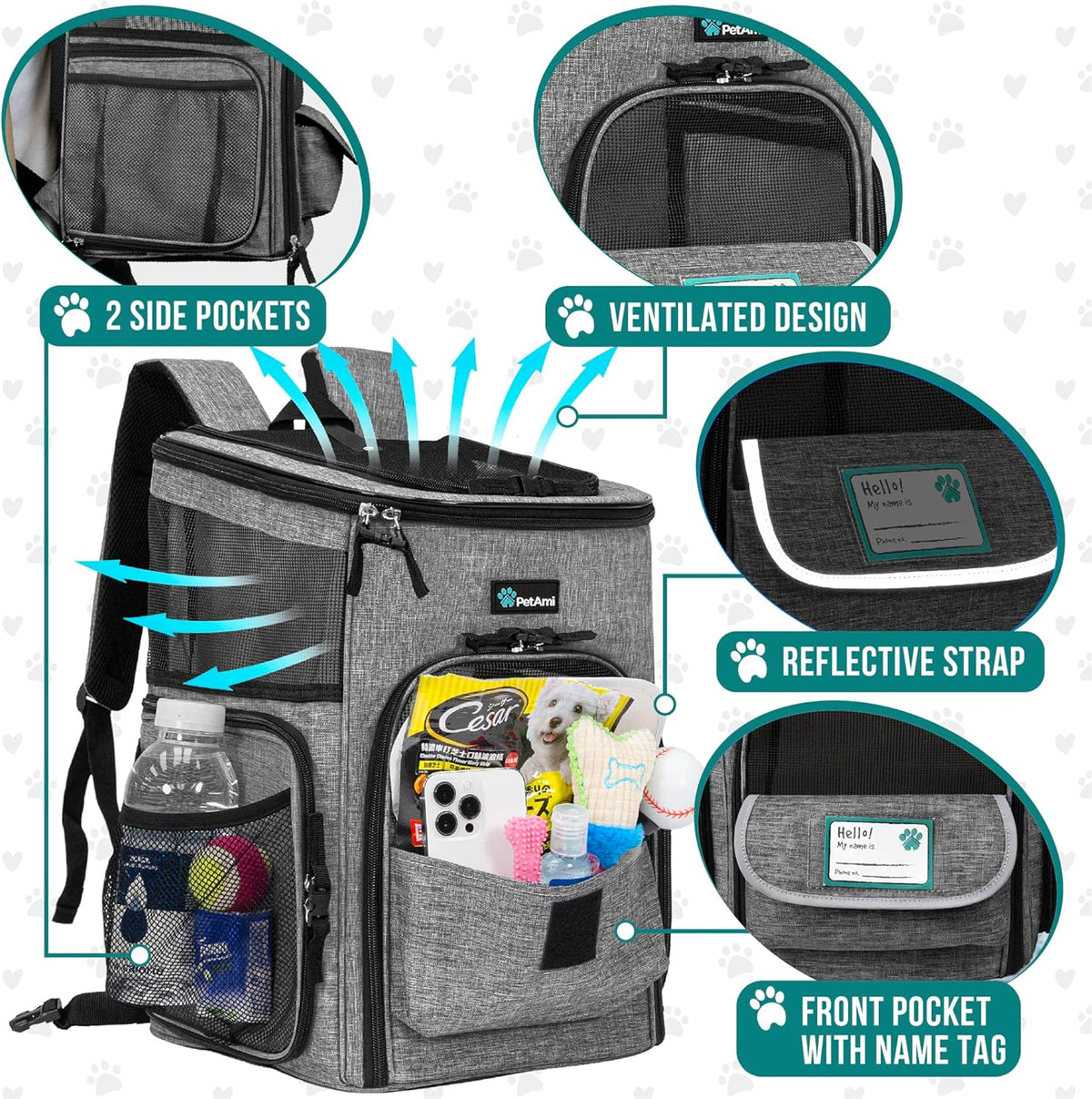 Airline-Approved Dog Backpack Carrier with 4-Way Entry for Cats - Gray