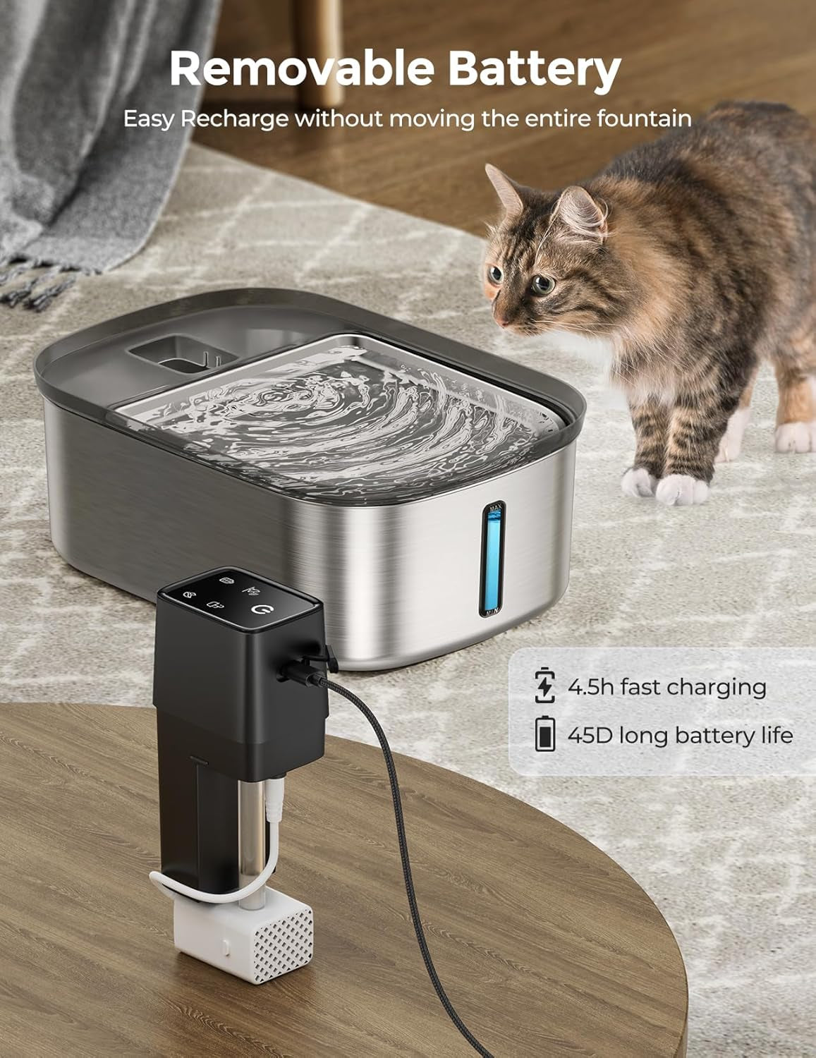 7.5L Stainless Steel Wireless Dog Water Fountain with One Filter Included