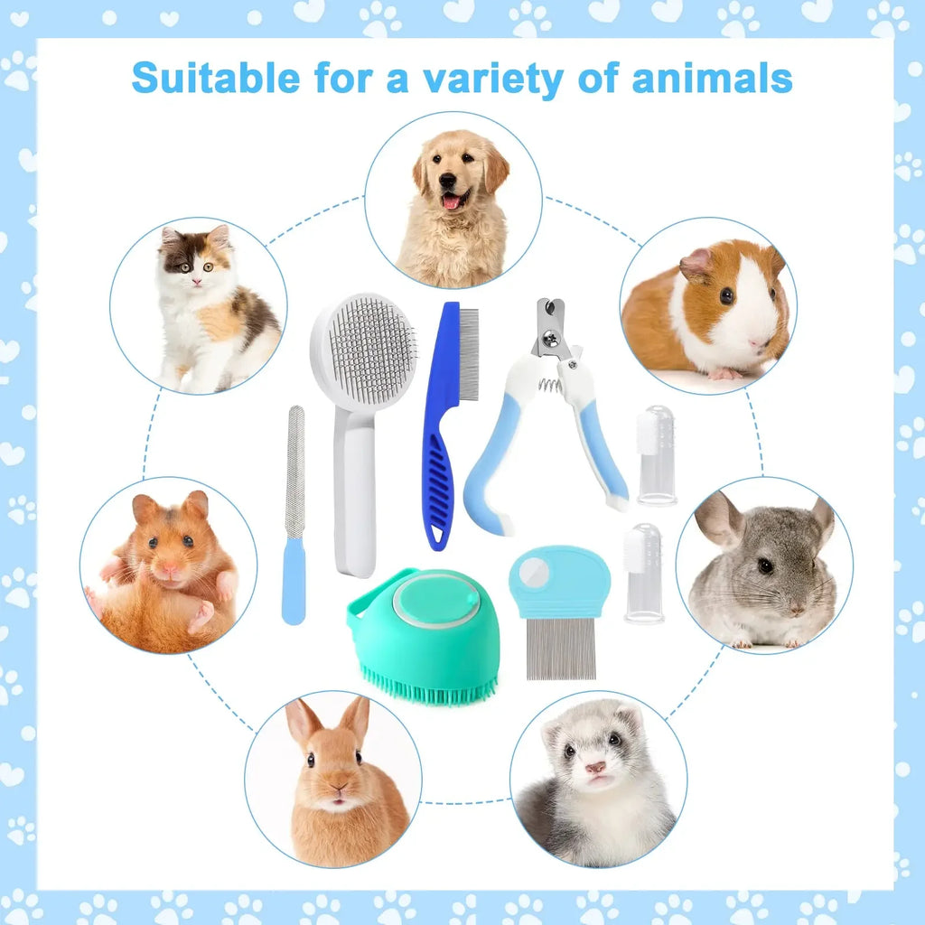 8-Piece Cat Grooming Kit: Includes Flea Comb, Pet Shampoo Brush, Shedding Brush, and Silicone Toothbrush