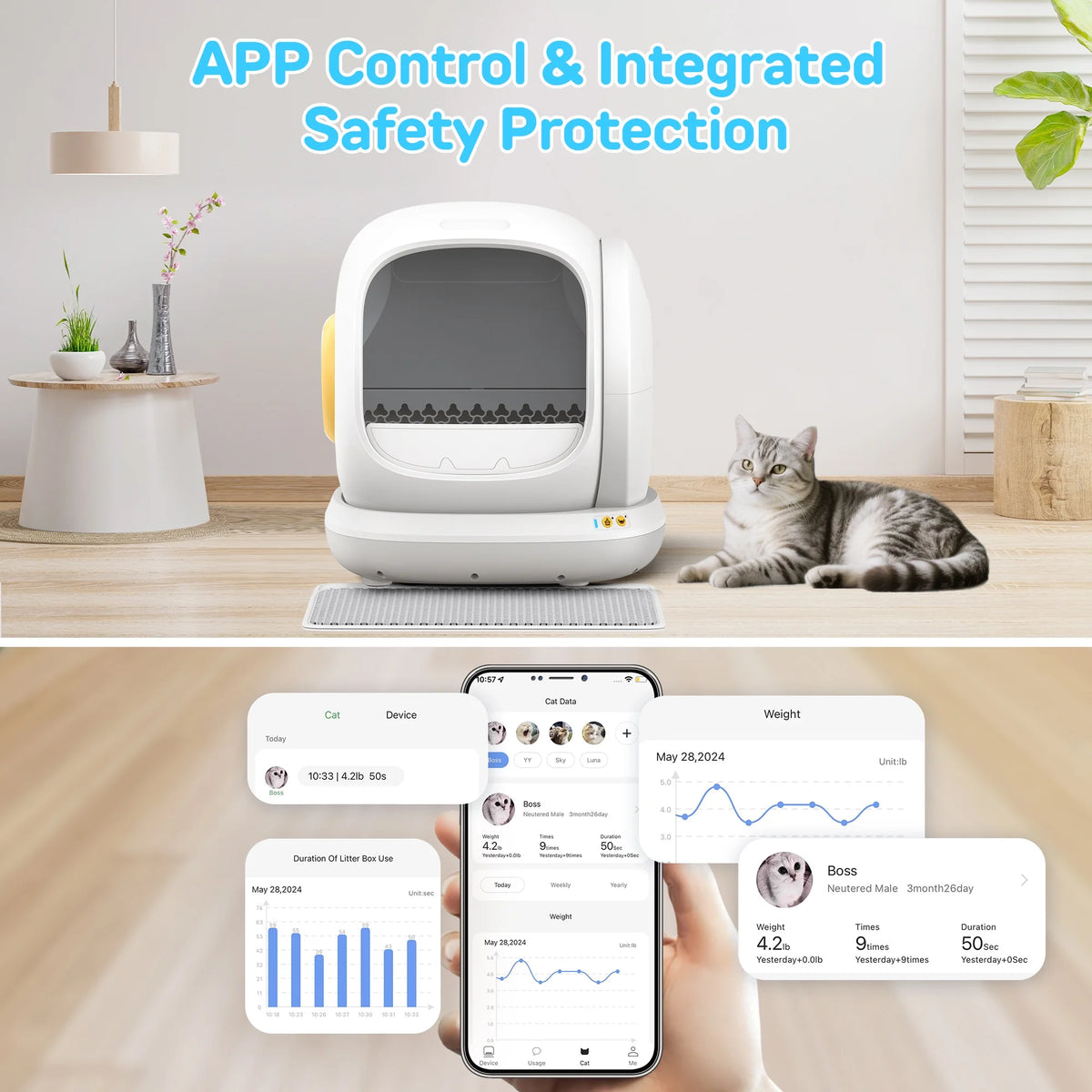 75L Smart Automatic Self-Cleaning Cat Litter Box with APP Control and Integrated Safety Features, White