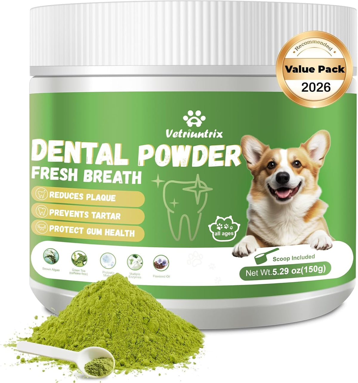 Dog Dental Powder for Teeth Cleaning, Fresh Breath, Tartar and Plaque Removal, Natural Plant Blend with Probiotics, 150g