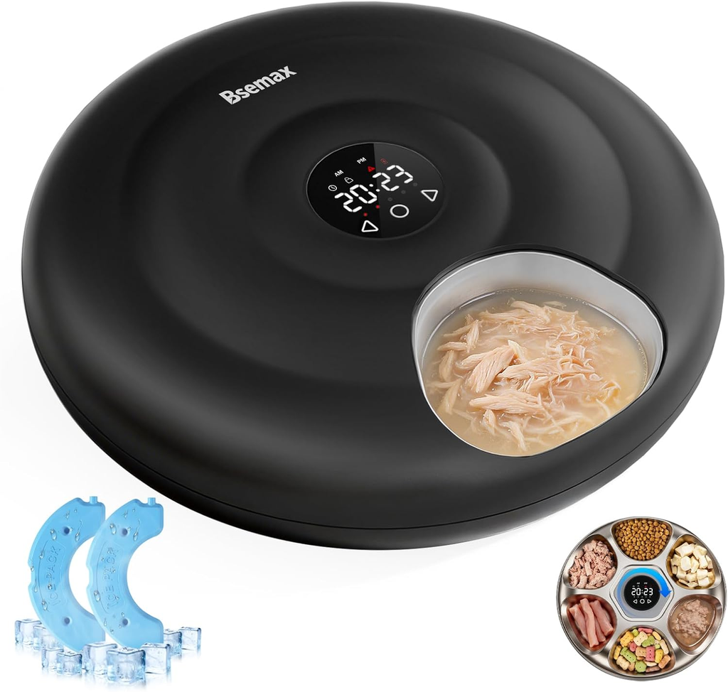 Automatic 6-Meal Wet Food Feeder with Stainless Steel Tray and Refrigeration for Cats and Dogs, Programmable Timed Dispenser with Ice Packs