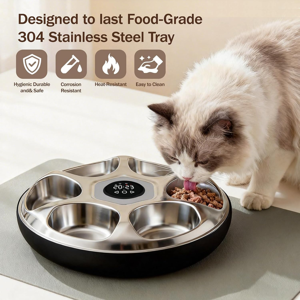 Automatic 6-Meal Wet Food Feeder with Stainless Steel Tray and Refrigeration for Cats and Dogs, Programmable Timed Dispenser with Ice Packs