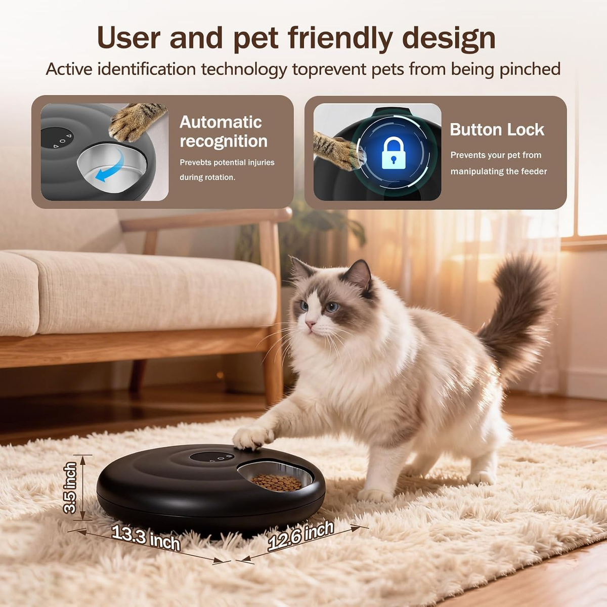 Automatic 6-Meal Wet Food Feeder with Stainless Steel Tray and Refrigeration for Cats and Dogs, Programmable Timed Dispenser with Ice Packs