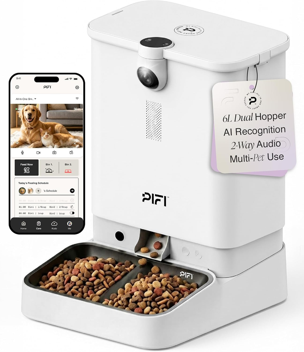 Automatic Pet Feeder with Camera for Multiple Cats and Dogs, 6L Dual Hopper Capacity