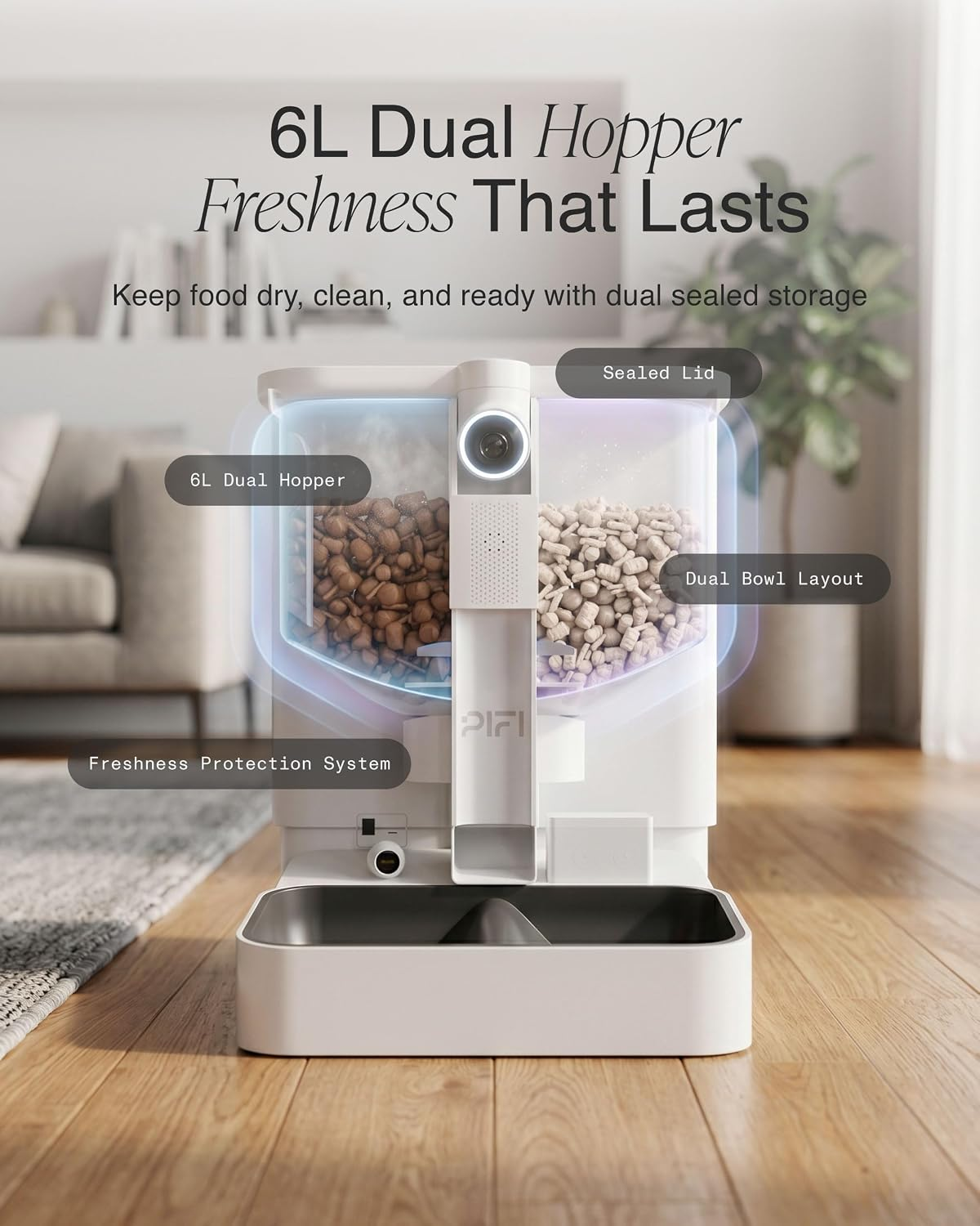 Automatic Pet Feeder with Camera for Multiple Cats and Dogs, 6L Dual Hopper Capacity