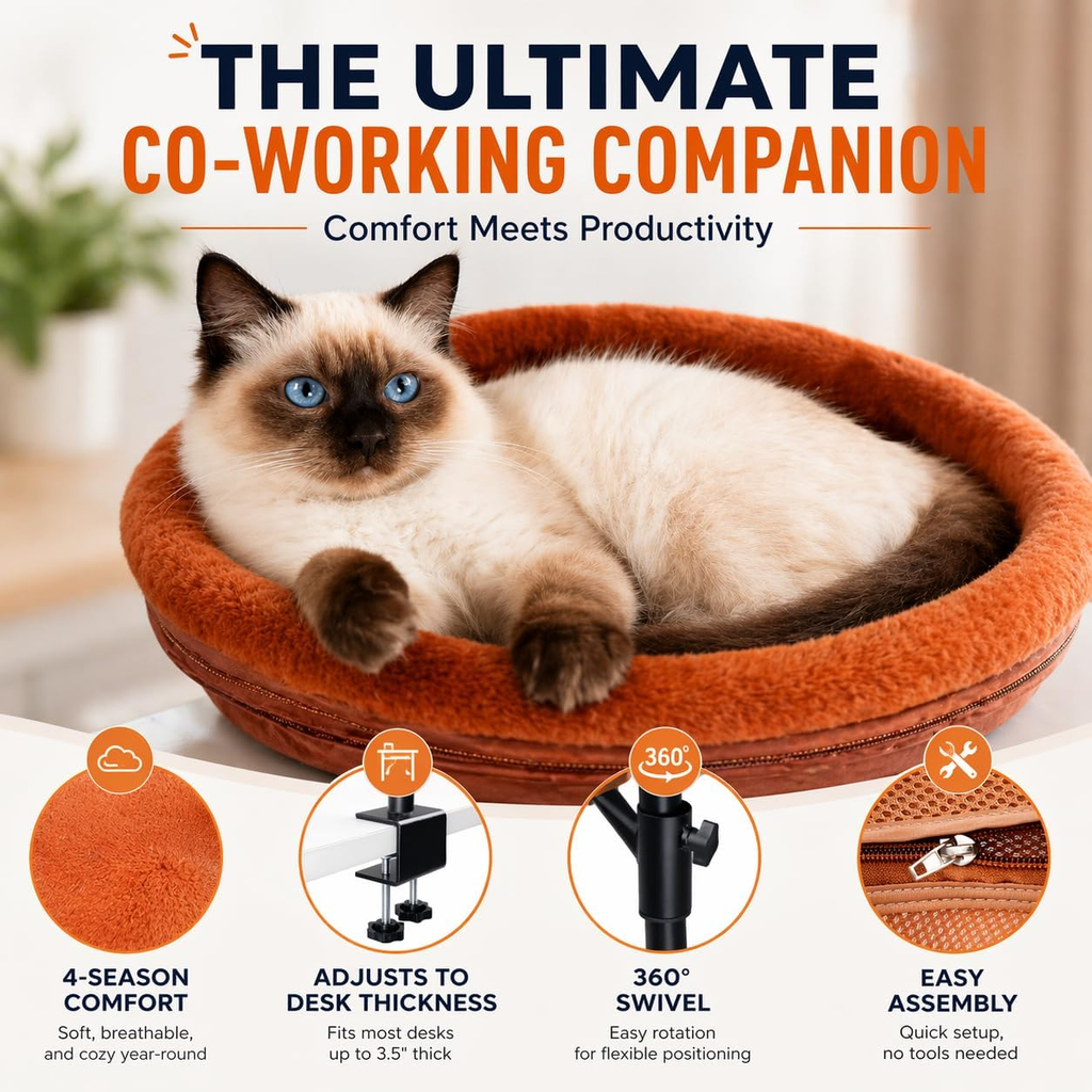 Cat Desk Bed with 360° Rotation and Height Adjustment