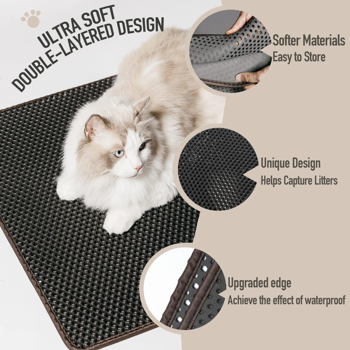Cat Litter Mat - Double-Layer Easy-Clean Litter Trapping Mat (29.5" x 23.6") for Cat Litter Boxes, Phthalate-Free, Urine-Proof & Waterproof, Honeycomb Pattern with Larger Holes