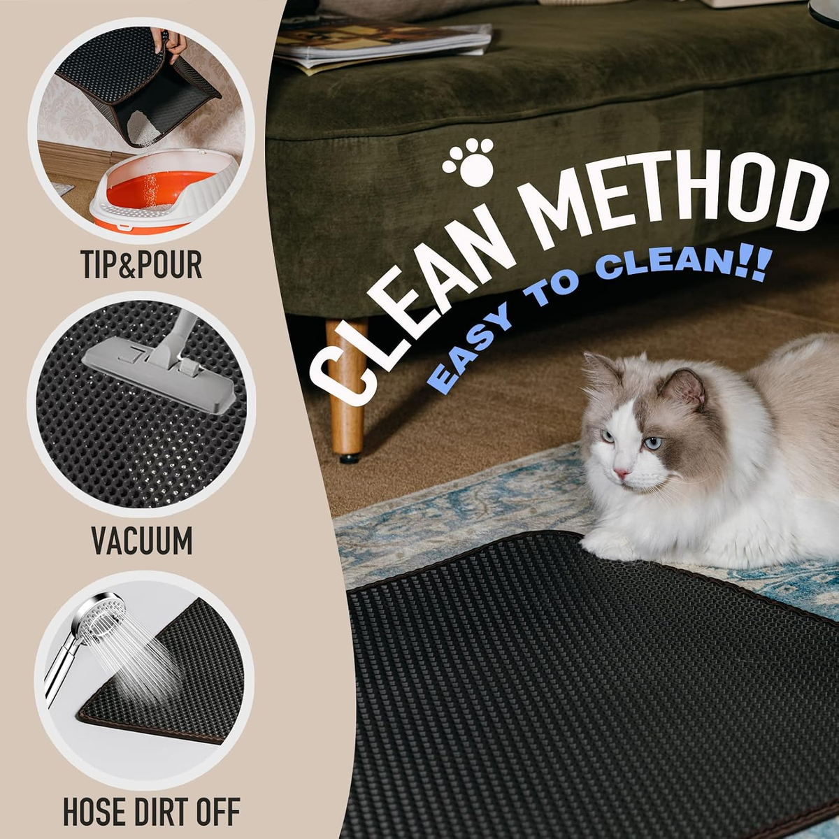 Cat Litter Mat - Double-Layer Easy-Clean Litter Trapping Mat (29.5" x 23.6") for Cat Litter Boxes, Phthalate-Free, Urine-Proof & Waterproof, Honeycomb Pattern with Larger Holes