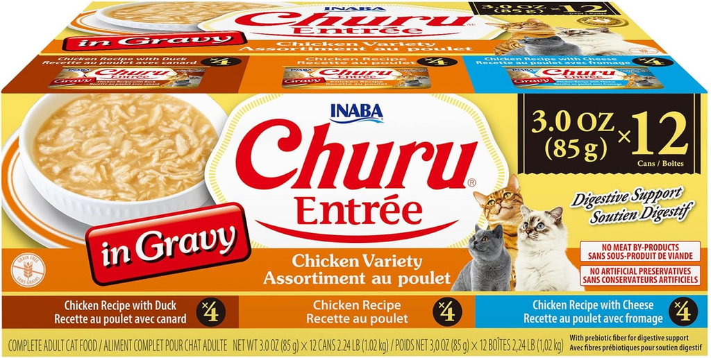Churu Entrée Chicken Variety in Gravy for Cats, High Moisture Prebiotic Wet Food, 3 oz Can, Pack of 12
