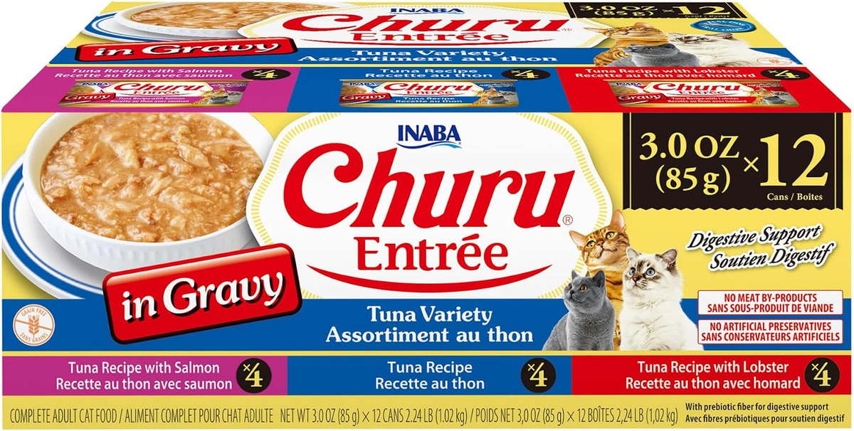 Churu Entrée Tuna Variety in Gravy for Cats, High Moisture Prebiotic Wet Cat Food, 3 oz Cans, Pack of 12