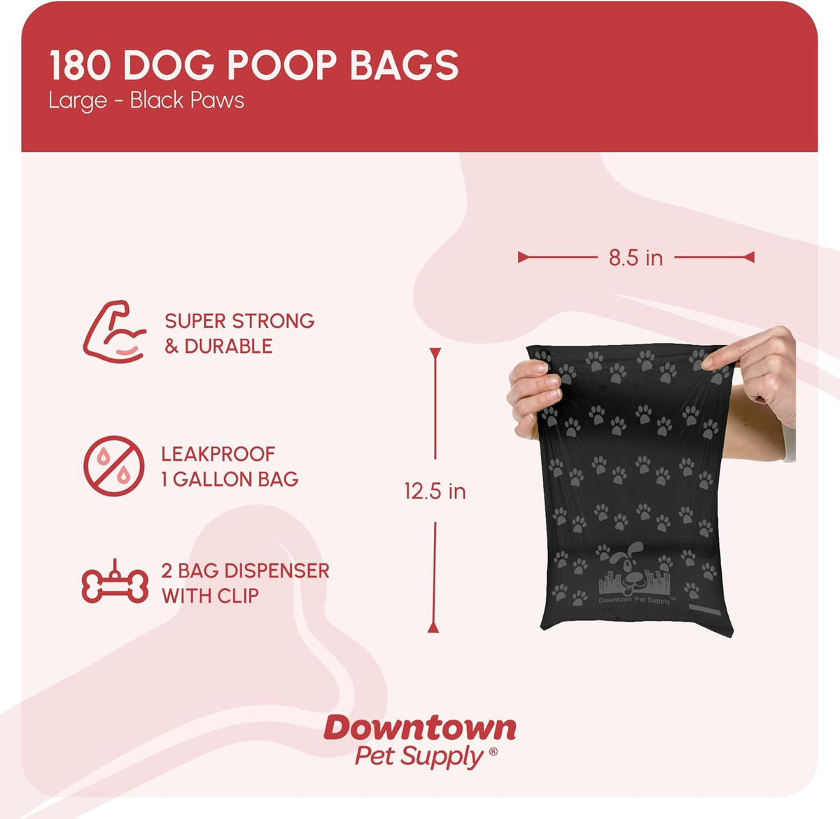 Dog Waste Bags with Dispenser - 180 Count Leak-Proof Poop Bags and Bone-Shaped Holder for Leash - Black with Paw Prints, 12.5" x 8.5