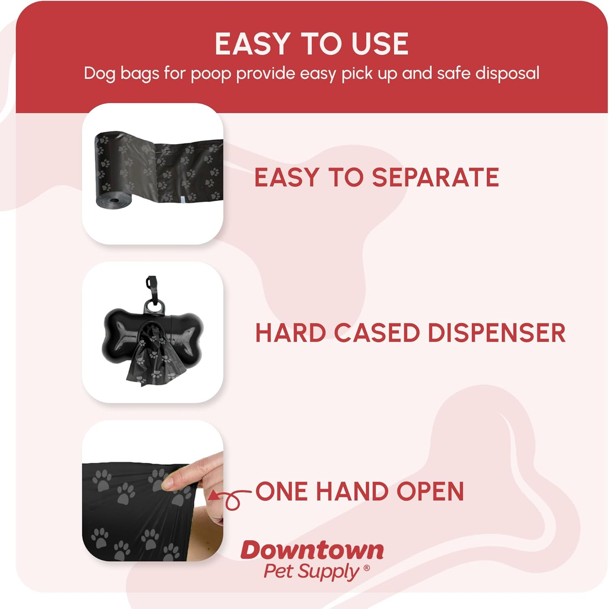 Dog Waste Bags with Dispenser - 180 Count Leak-Proof Poop Bags and Bone-Shaped Holder for Leash - Black with Paw Prints, 12.5" x 8.5