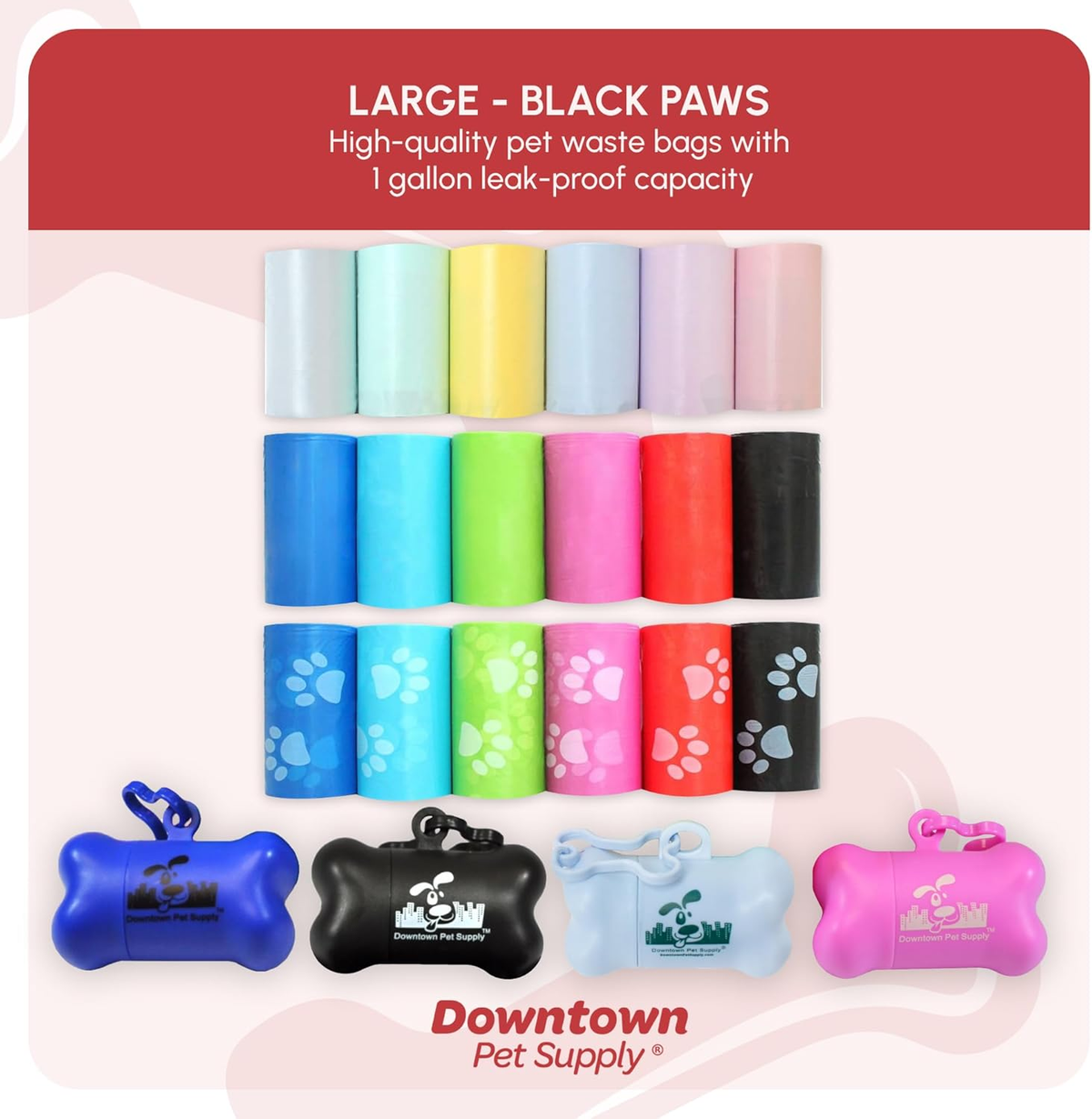 Dog Waste Bags with Dispenser - 180 Count Leak-Proof Poop Bags and Bone-Shaped Holder for Leash - Black with Paw Prints, 12.5" x 8.5