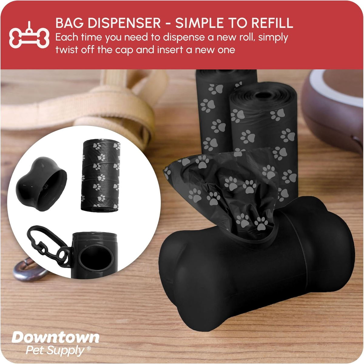 Dog Waste Bags with Dispenser - 180 Count Leak-Proof Poop Bags and Bone-Shaped Holder for Leash - Black with Paw Prints, 12.5" x 8.5