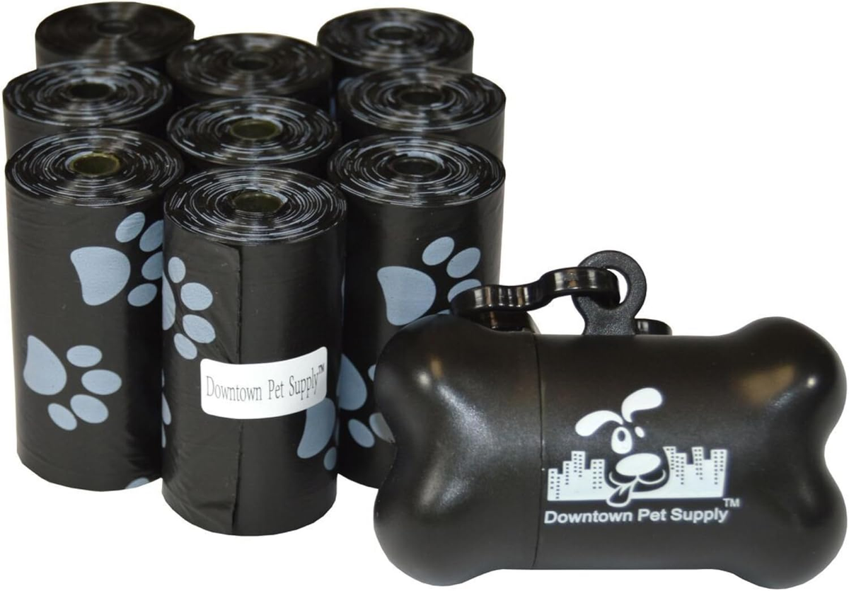 Dog Waste Bags with Dispenser - 180 Count Leak-Proof Poop Bags and Bone-Shaped Holder for Leash - Black with Paw Prints, 12.5" x 8.5