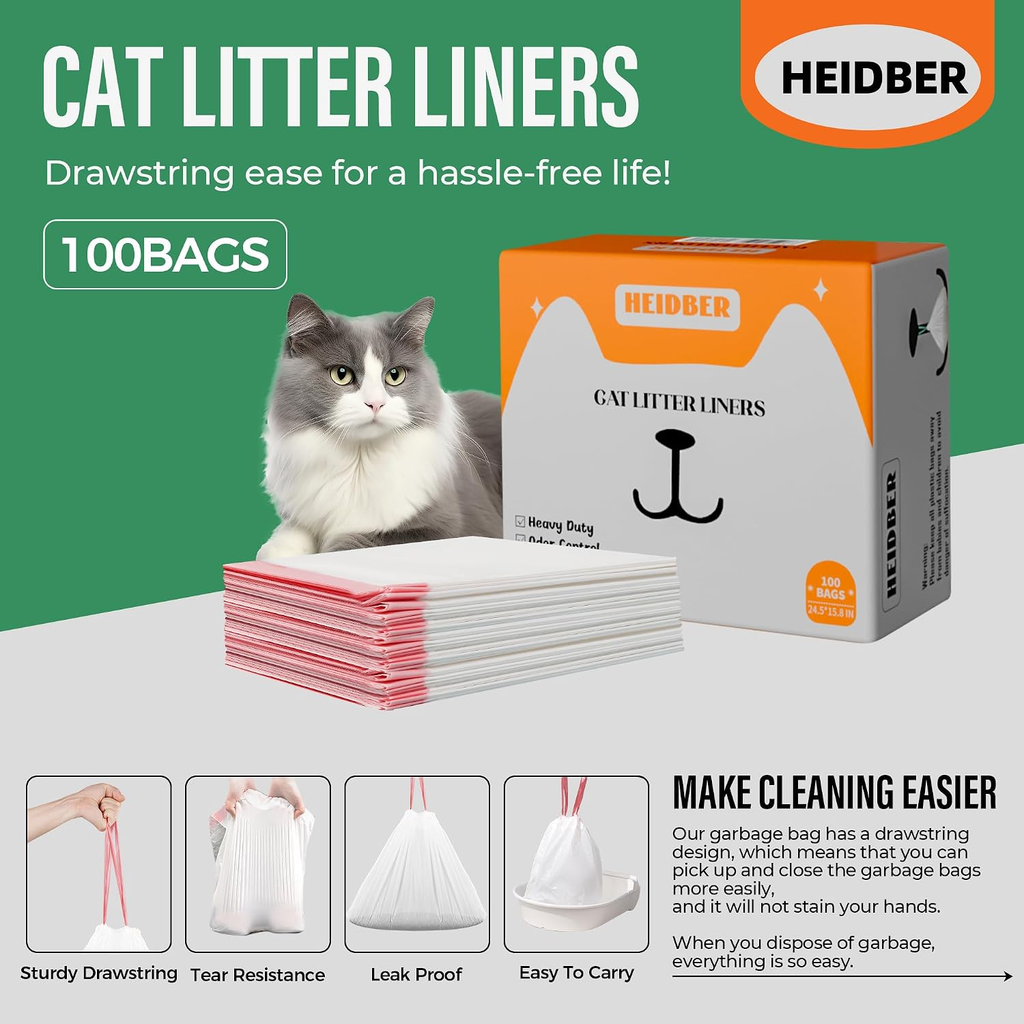 Drawstring Cat Litter Box Liners - 100 Pack Heavy-Duty Robot Litter Bags for Cleanpethome/Petkit Purax and Puramax Self-Cleaning Cat Litter Boxes