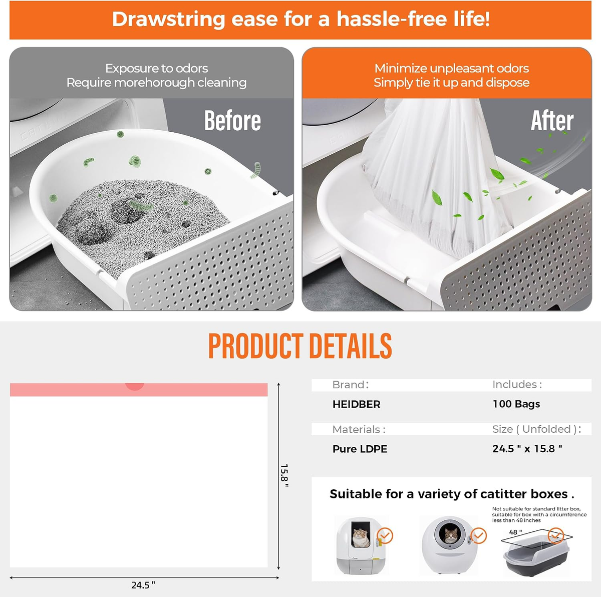 Drawstring Cat Litter Box Liners - 100 Pack Heavy-Duty Robot Litter Bags for Cleanpethome/Petkit Purax and Puramax Self-Cleaning Cat Litter Boxes