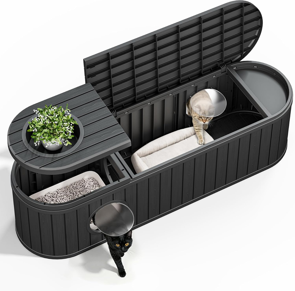 Elegant Cat Litter Box Enclosure for Two Cats with Round Lift-Up Door, Spacious Indoor Cat Cabinet in Black with Dual Exits