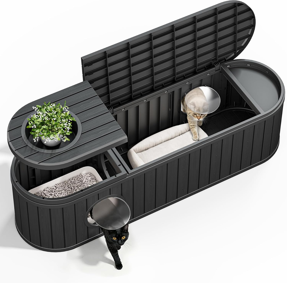 Elegant Cat Litter Box Enclosure for Two Cats with Round Lift-Up Door, Spacious Indoor Cat Cabinet in Black with Dual Exits