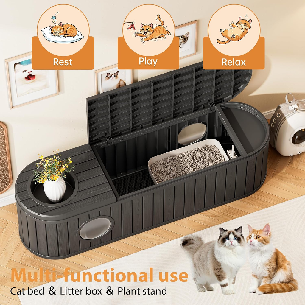Elegant Cat Litter Box Enclosure for Two Cats with Round Lift-Up Door, Spacious Indoor Cat Cabinet in Black with Dual Exits