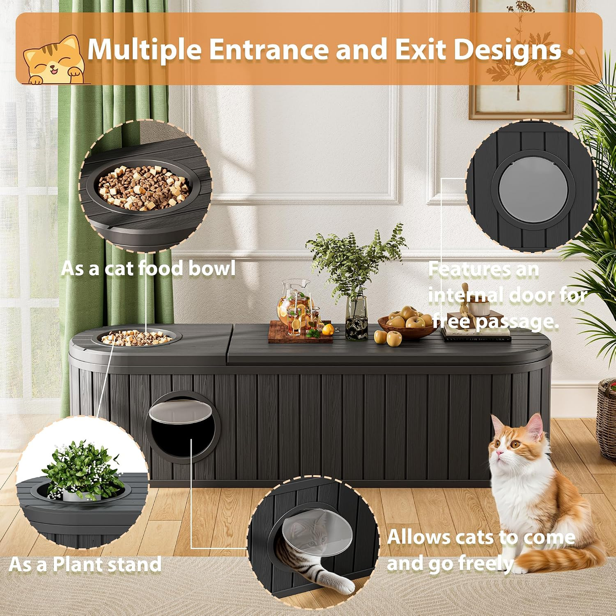 Elegant Cat Litter Box Enclosure for Two Cats with Round Lift-Up Door, Spacious Indoor Cat Cabinet in Black with Dual Exits