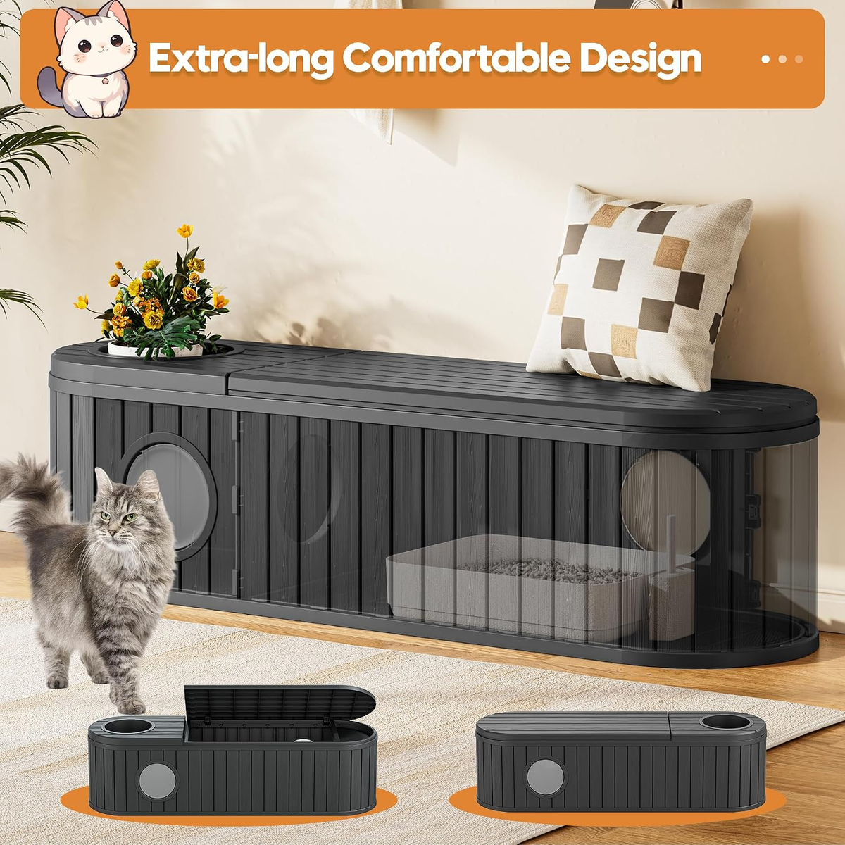 Elegant Cat Litter Box Enclosure for Two Cats with Round Lift-Up Door, Spacious Indoor Cat Cabinet in Black with Dual Exits