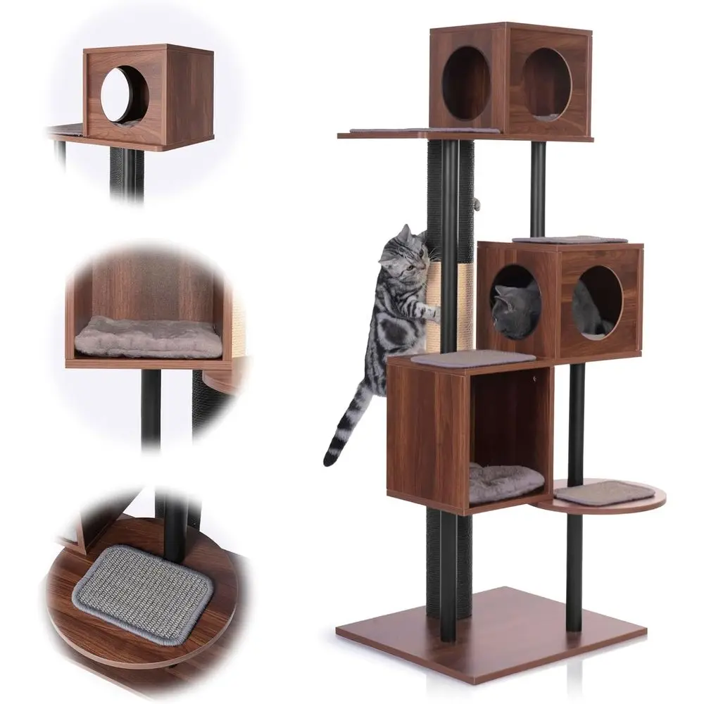 Elegant Wooden Cat Tower and Scratching Post - 60-Inch Decor-Friendly Design, 48-Inch Tall Post, 3-Level Condo for Multi-Cat Comfort
