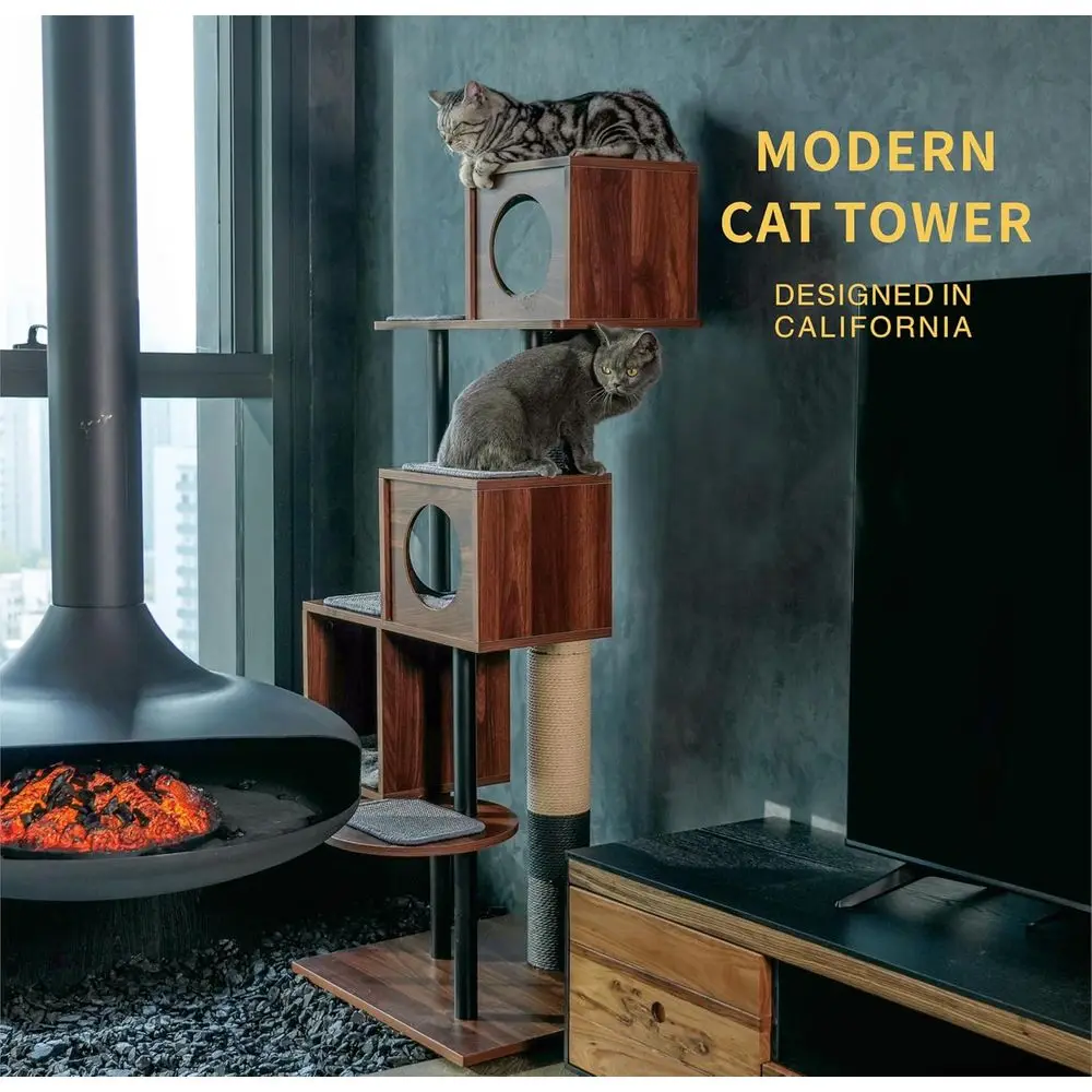 Elegant Wooden Cat Tower and Scratching Post - 60-Inch Decor-Friendly Design, 48-Inch Tall Post, 3-Level Condo for Multi-Cat Comfort