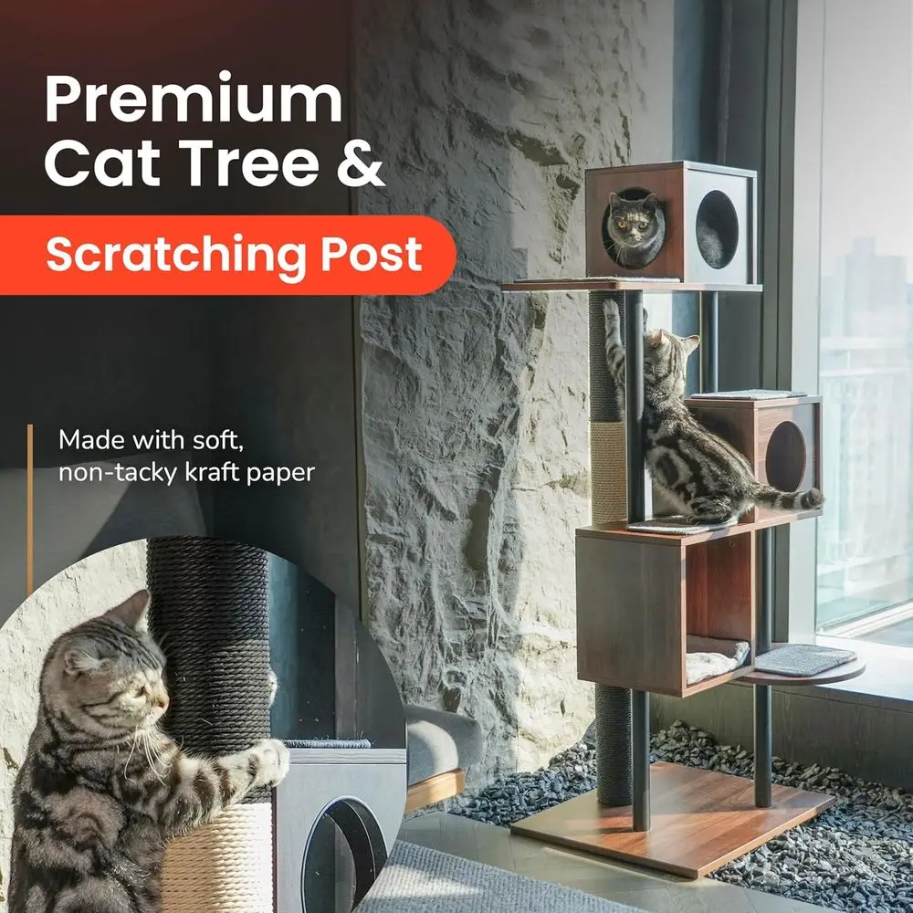 Elegant Wooden Cat Tower and Scratching Post - 60-Inch Decor-Friendly Design, 48-Inch Tall Post, 3-Level Condo for Multi-Cat Comfort