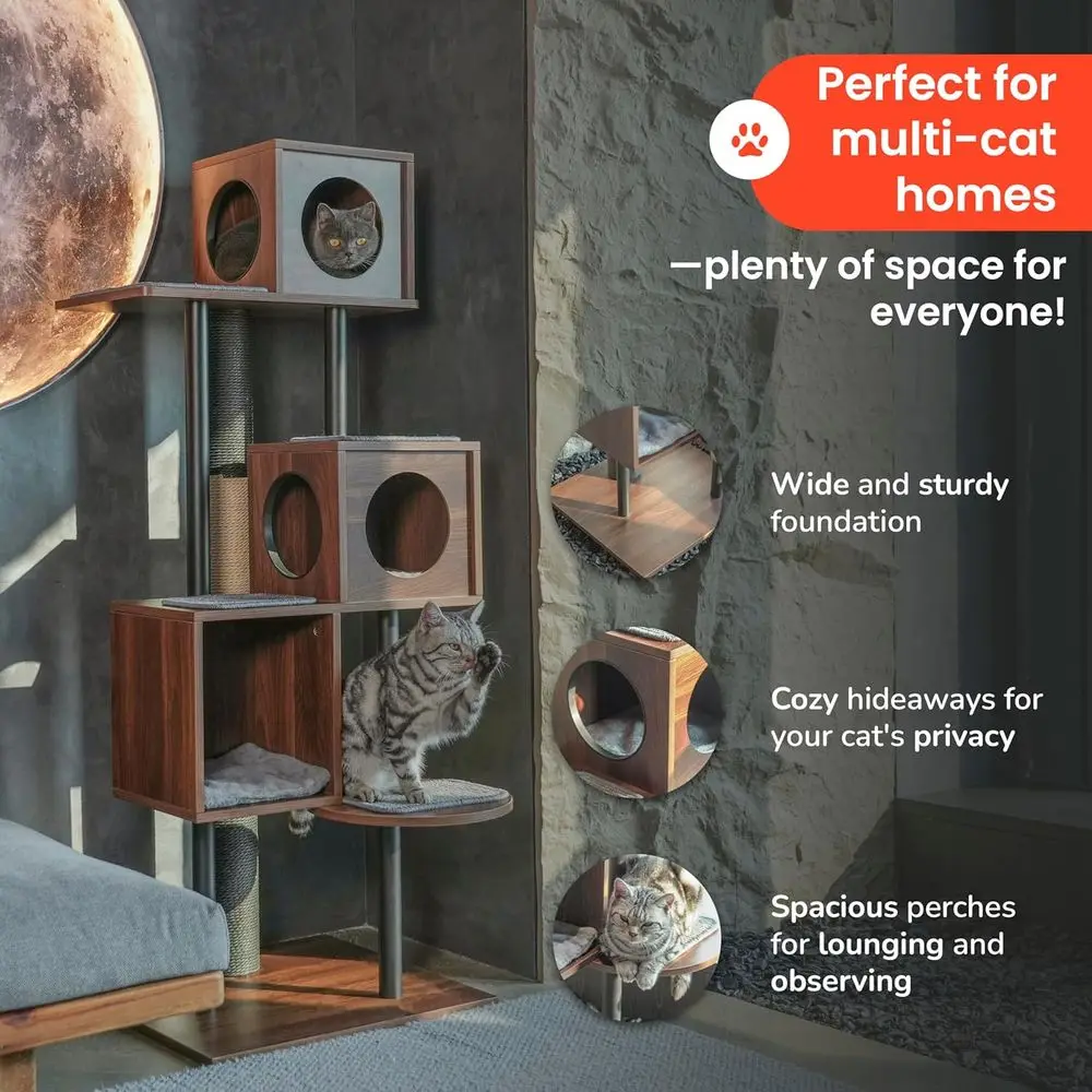 Elegant Wooden Cat Tower and Scratching Post - 60-Inch Decor-Friendly Design, 48-Inch Tall Post, 3-Level Condo for Multi-Cat Comfort