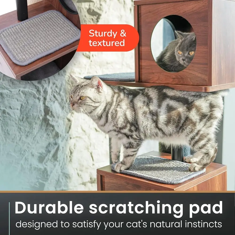 Elegant Wooden Cat Tower and Scratching Post - 60-Inch Decor-Friendly Design, 48-Inch Tall Post, 3-Level Condo for Multi-Cat Comfort