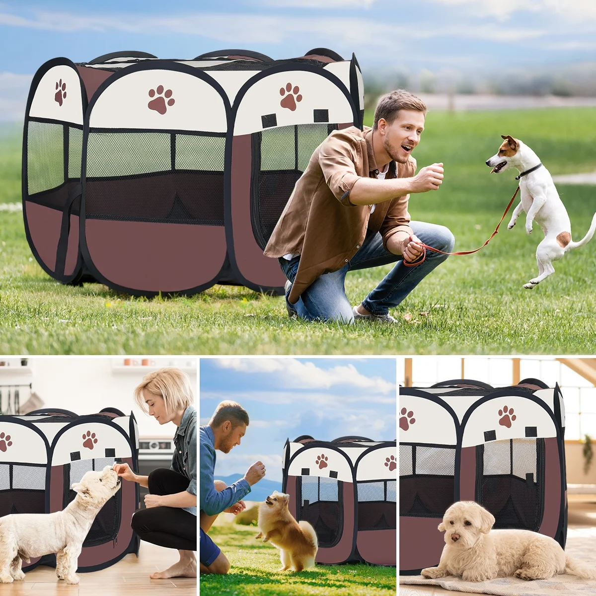 Large Portable Playpen Tent for Dogs and Cats, 29" Foldable Exercise Fence Kennel with Zip, Indoor and Outdoor Pet Crate for Small Animals and Chickens