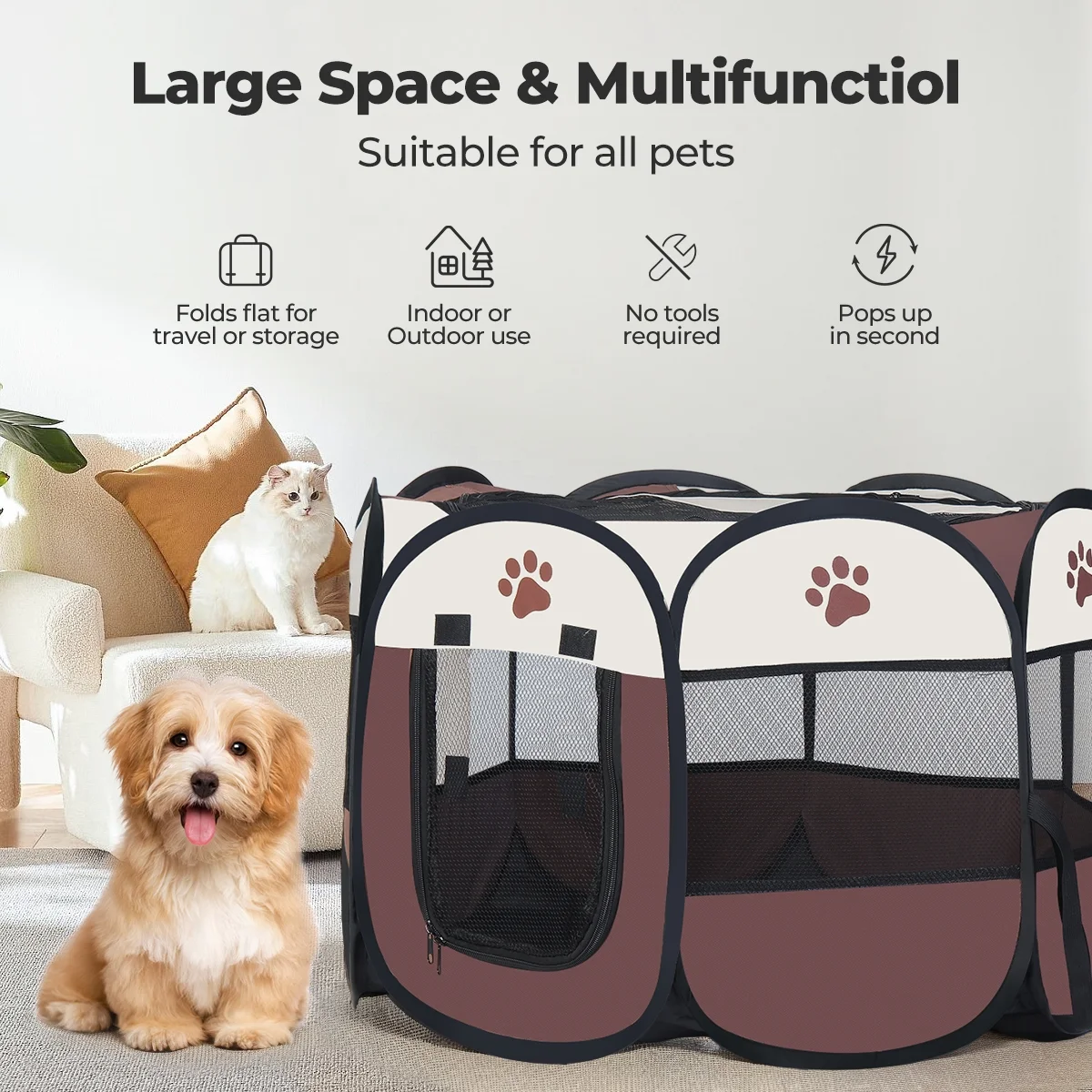 Large Portable Playpen Tent for Dogs and Cats, 29" Foldable Exercise Fence Kennel with Zip, Indoor and Outdoor Pet Crate for Small Animals and Chickens